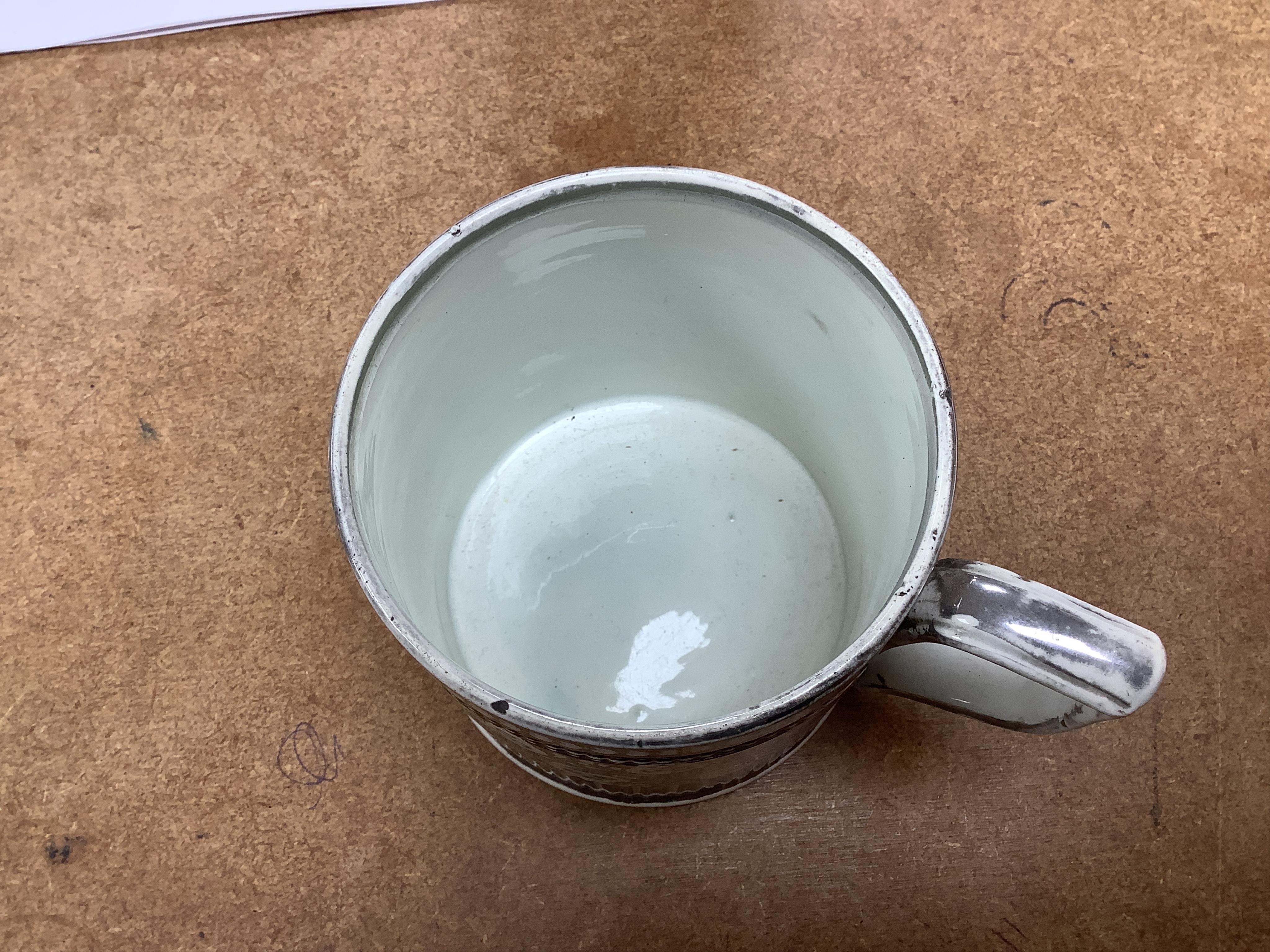 A pair of early 19th century English porcelain large mugs with gilt bands and five other early 19th century porcelain or pearlware mugs, one inscribed SG, Forget Me Not, largest each 14cm high